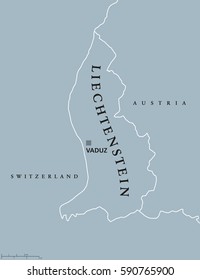 Liechtenstein political map with capital Vaduz, national borders and neighbor countries. Principality and landlocked microstate in Central Europe. Gray illustration with English labeling. Vector.