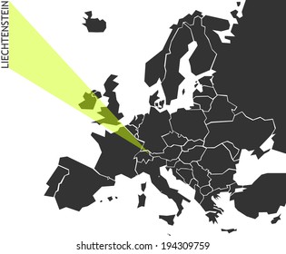 Liechtenstein - political map of Europe with marked state. Marker looks like ray of light. (vector illustration)