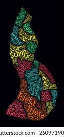 Liechtenstein Regions Word Clouds. Bright neon style design on a dark background. Region names of the country in the German language. Country shape with administrative division. Classy vector illustration.