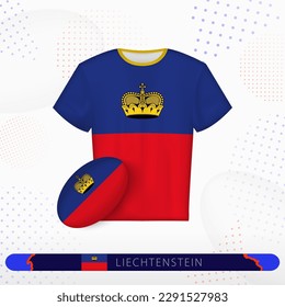Liechtenstein rugby jersey with rugby ball of Liechtenstein on abstract sport background. Jersey design.