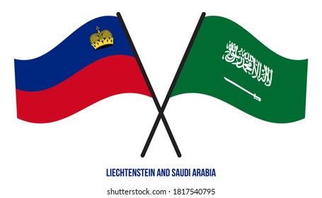 Liechtenstein and Saudi Arabia Flags Crossed And Waving Flat Style. Official Proportion. Correct Colors.