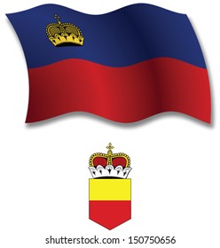 liechtenstein shadowed textured wavy flag and coat of arms against white background, vector art illustration, image contains transparency transparency