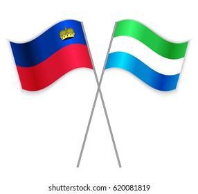 Liechtenstein and Sierra Leonean crossed flags. Liechtenstein combined with Sierra Leone isolated on white. Language learning, international business or travel concept.