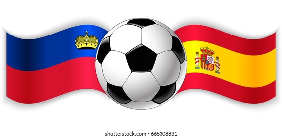 Liechtenstein and Spanish wavy flags with football ball. Liechtenstein combined with Spain isolated on white. Football match or international sport competition concept.