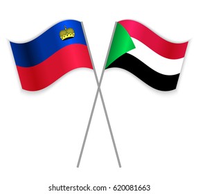 Liechtenstein and Sudanese crossed flags. Liechtenstein combined with Sudan isolated on white. Language learning, international business or travel concept.