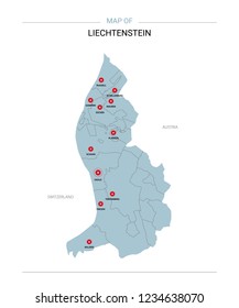 Liechtenstein vector map. Editable template with regions, cities, red pins and blue surface on white background. 