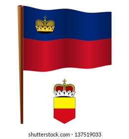 liechtenstein wavy flag and coat of arm against white background, vector art illustration, image contains transparency
