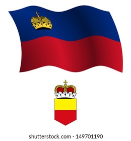 liechtenstein wavy flag and coat of arm against white background, vector art illustration, image contains transparency