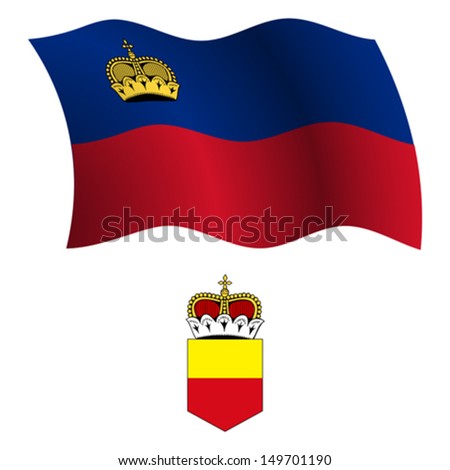 liechtenstein wavy flag and coat of arm against white background, vector art illustration, image contains transparency