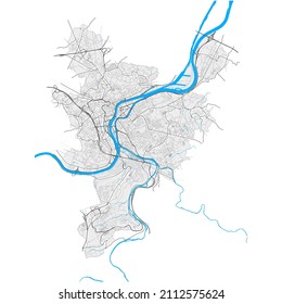 Lüttich, Lüttich, Belgien Hochauflösende Vektorkarte mit Stadtgrenzen und bearbeitbaren Wegen. Weiße Umrisse für Hauptverkehrsstraßen. Viele detaillierte Wege. Blaue Formen und Linien für das Wasser.