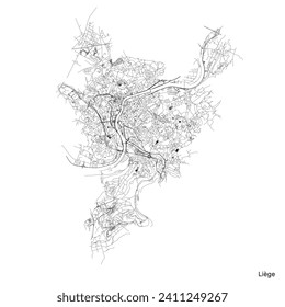 Liege city map with roads and streets, Belgium. Vector outline illustration.