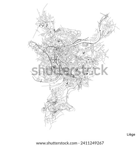 Liege city map with roads and streets, Belgium. Vector outline illustration.