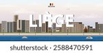 Liege cityscape colorful vector illustration with big city name on the background. Travel trendy poster