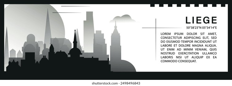 Liege Skyline Vektor Banner Infografik, schwarz-weiß minimalistische Stadtlandschaft Silhouette. Belgien Stadt horizontale Grafik, Reisen, monochrome Layout für Website