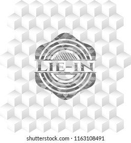 Lie-in realistic grey emblem with geometric cube white background