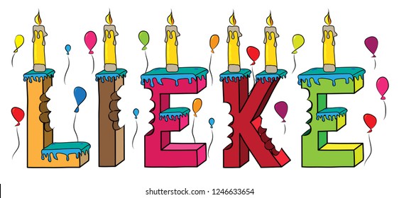 Lieke female first name bitten colorful 3d lettering birthday cake with candles and balloons.