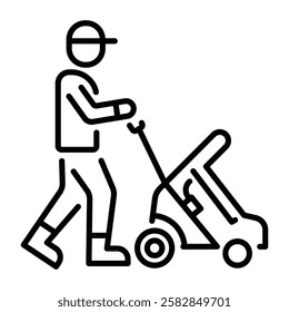 A lien style icon of a character cutting grass with lawn mower 