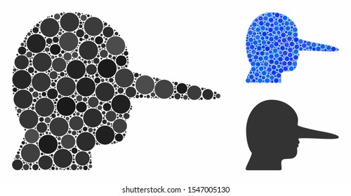 Lier mosaic of small circles in various sizes and color hues, based on lier icon. Vector random circles are organized into blue mosaic. Dotted lier icon in usual and blue versions.