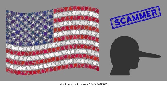 Lier pictograms are arranged into United States flag collage with blue rectangle distressed stamp watermark of Scammer text. Vector collage of USA waving official flag is designed with lier elements.