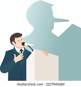 Lies, cheat, hoax speech businessman character chatting in front of public audience with shadow of his long nose. Liar, lying people in business concept vector illustration