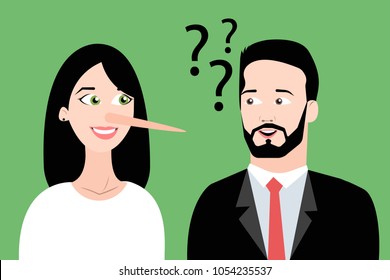 Lies in the couple. Doubtful man having questions when speaking to lying girl having a long nose. Eps vector illustration, horizontal image, flat style graphic design.