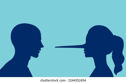 Lies in the couple. Vector of a man looking at a lying girl with a long nose. 