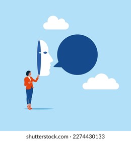 Lies, fraud or defraud your business. Dishonest businesswoman hides his face behind a fake mask that pretends to be lying. Modern vector illustration in flat style