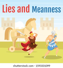 Lies and meanness social media post mockup. Greek mythology. Trojan war. Gladiators fighting. Web banner design template. Social media booster, content layout. Poster with flat illustrations