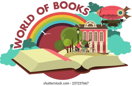 Lies an open book concept it is possible to see different places and adventures emblem label