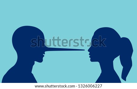 Lies in a relationship concept. Vector of a woman looking at a lying man with a long nose. 