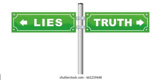 LIES TRUTH road sign, which is your way - facts or fake, verity or fraud, honesty or deception - isolated vector illustration on white background.