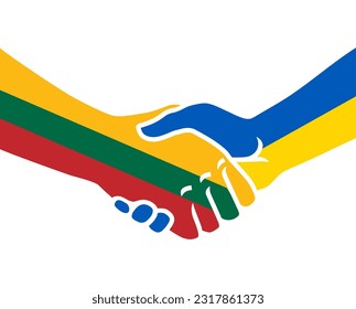 Lietuva, Lithuania Baltic flags white-red blue-yellow colors. Partners national political cooperation. Two hands holding shaking each other. Country friendship. Vector logo icon illustration