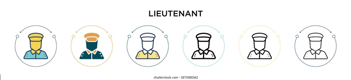 Icono de teniente en el estilo relleno, delgado, contorno y trazo. Ilustración vectorial de dos iconos vectoriales coloridos y negros se pueden utilizar para móviles, ui, web