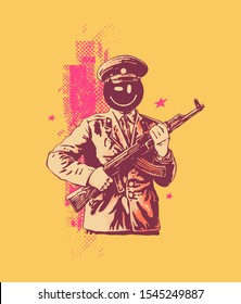 Lieutenant of the Soviet Army with emoticon instead of face. Vector illustration.