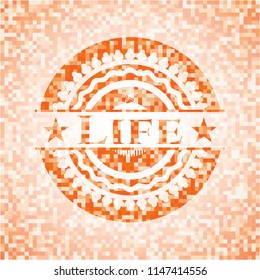 Life abstract emblem, orange mosaic background