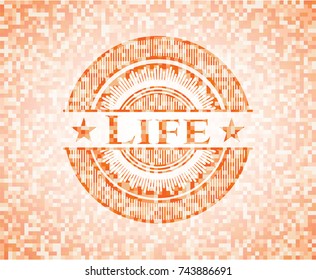 Life abstract emblem, orange mosaic background