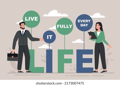 LIFE acronym concept. Man and woman next to motivational quote, hardworking employee and entrepreneur. Live it fully every day. Responsible employees, inspiration. Cartoon flat vector illustration