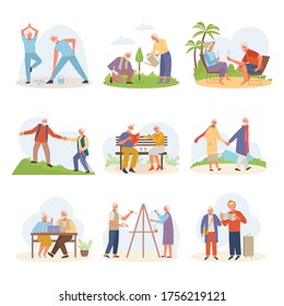 Life active old people. Elderly man woman draw travel relax at resort glasses, sit laptop, wait for plane with things, plant tree together, actively walk mountainous terrain. Vector cartoon style.