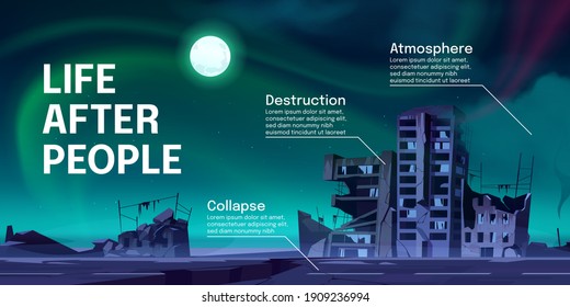 Life after people infographics with abandoned city buildings at night. Destruction, war collapse or natural disaster and cataclysm consequences, post-apocalyptic world ruins cartoon vector banner