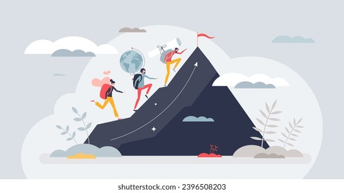 Life ambitions, relationship and work balance for gen Z tiny person concept. Life harmony with happiness objectives and career goals vector illustration. Choice between love, travel and business.