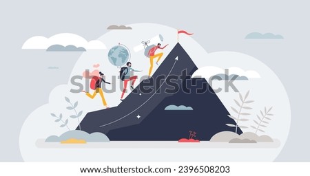 Life ambitions, relationship and work balance for gen Z tiny person concept. Life harmony with happiness objectives and career goals vector illustration. Choice between love, travel and business.