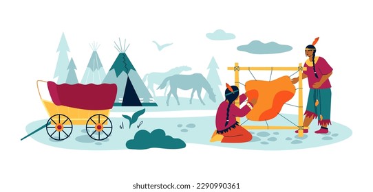 Life of an American tribe - modern colored vector illustration on white background with nature of America and forest. Trailer on wheels, people dressing leather, horses grazing in the meadow. Culture