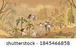 Life in ancient China. Oriental people. Traditional Chinese paintings. History and culture of Asia. Classic wall drawing. Murals and watercolor asian style 