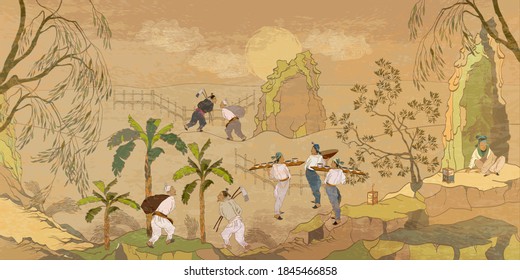 Life In Ancient China. Oriental People. Traditional Chinese Paintings. History And Culture Of Asia. Classic Wall Drawing. Murals And Watercolor Asian Style 