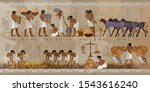 Life in ancient Egypt, frescoes. Egyptians history art. Agriculture, workmanship, fishery, farm. Hieroglyphic carvings on exterior walls of an old temple 