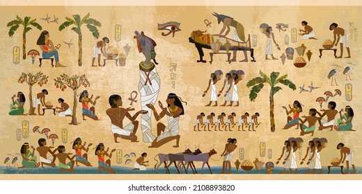 Life in ancient Egypt, frescoes. Hieroglyphic carvings on exterior walls of an old temple. Egyptians history art. Agriculture, workmanship, fishery, farm 