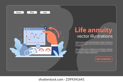 Life annuity concept. Hand analyzing financial chart on screen with dollar savings and interest rates. Retirement investment planning. Flat vector illustration.