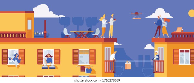 Life in an apartment building in quarantine. Vector concept illustration with neighbours keeping social distance. City with kind people