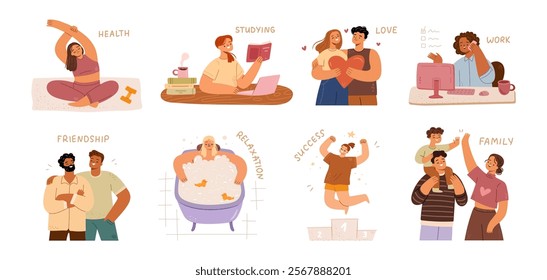 Life aspects and priorities of people. Vector in flat style, isolated set of daily routine. Caring for health and family, working and studying, healthcare relaxation, valuing friends and friendship