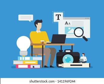 Life of an author, A scriptwriter, book author, movie director, novelist in tiny people illustration.